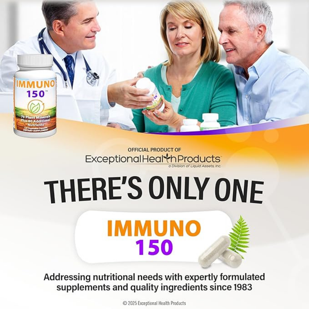 Advertisement for Immuno 150 supplement with a doctor and patients, featuring Exceptional Health Products branding.