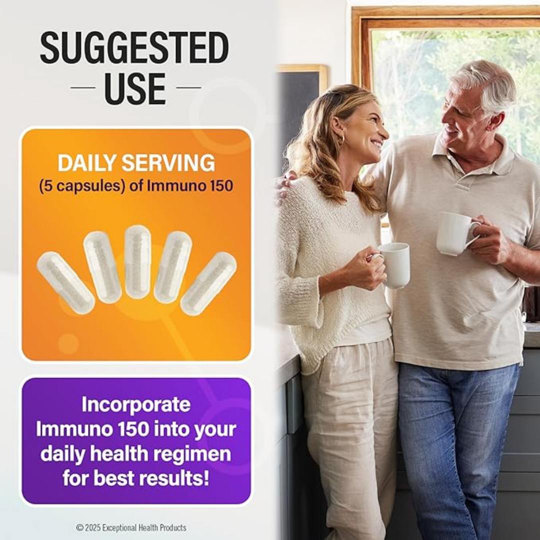 Advertisement for Immuno 150 capsules with an image of a couple in a kitchen.