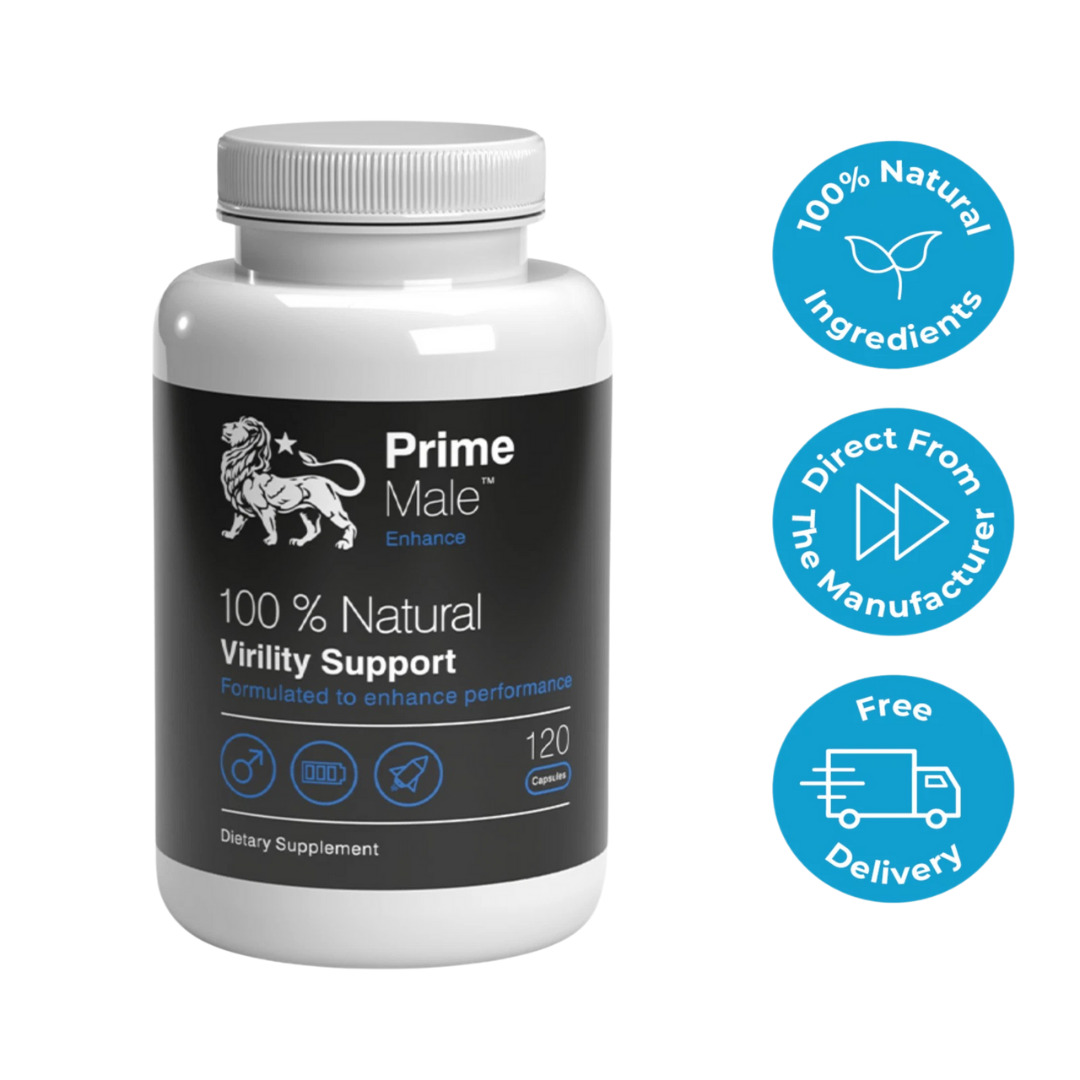 Supplement bottle labeled 'Prime Male' with branding icons on a white background