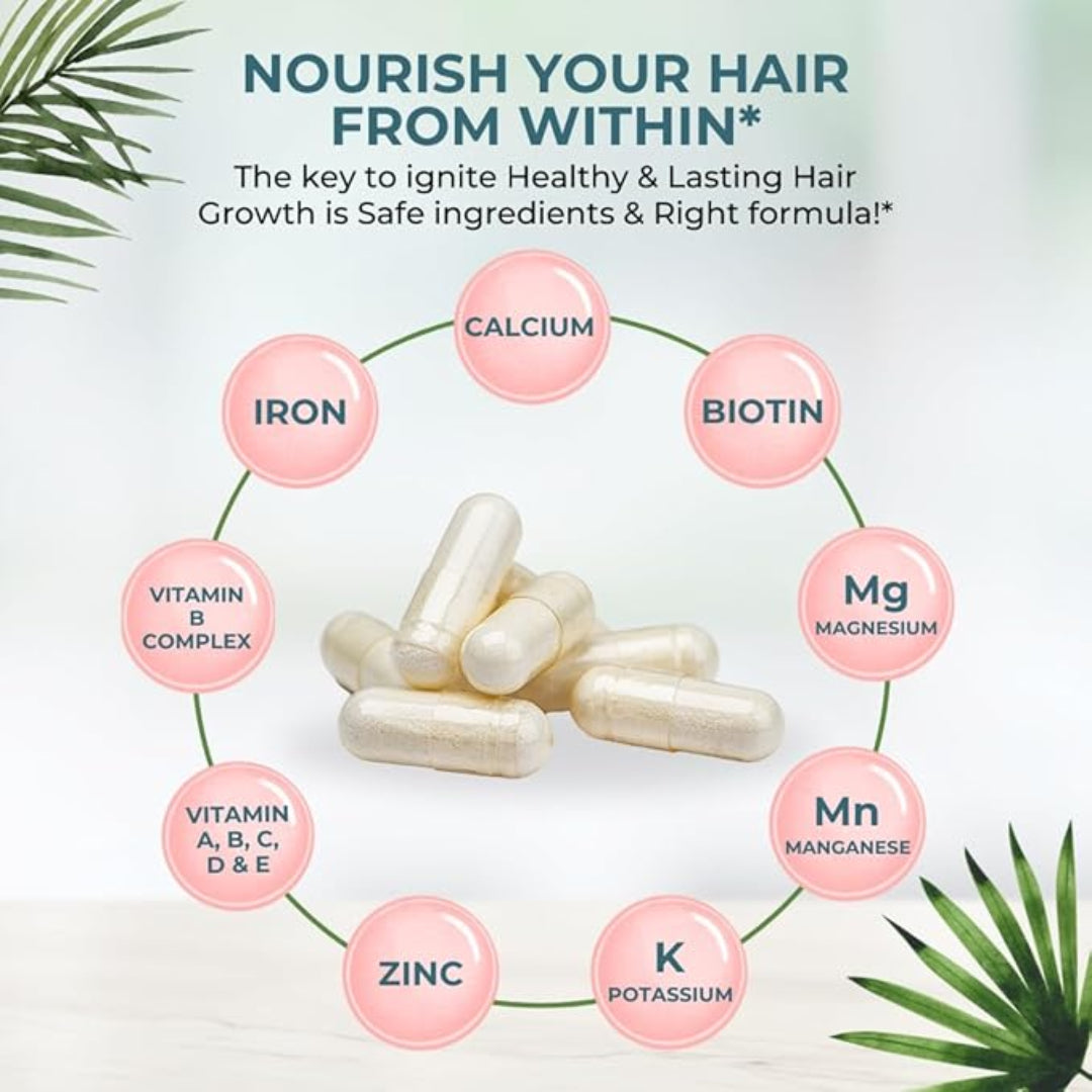 Hair supplement capsules with vitamins and minerals on a light background