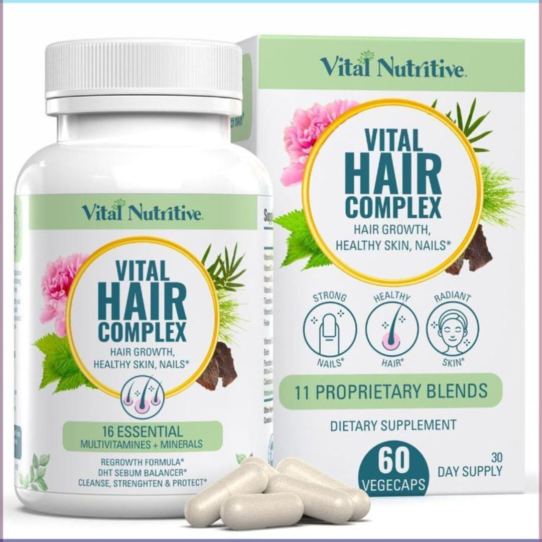 Vital Nutritive Hair Complex supplement bottle and packaging on a white background