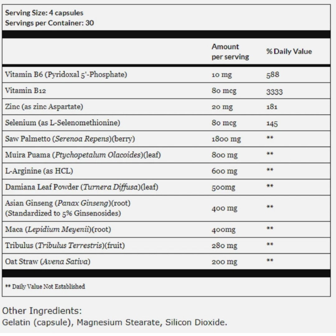 Nutritional supplement label with various ingredients and their amounts per serving