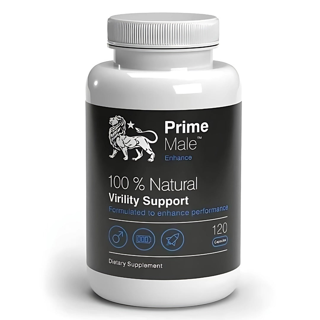 Supplement bottle labeled 'Prime Male' on a white background
