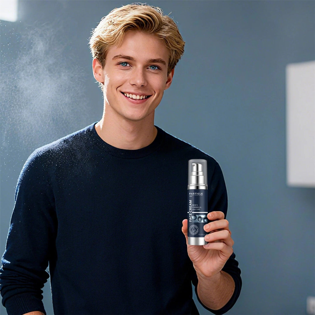 Man holding a spray bottle with a gray background

