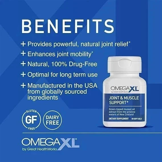 Omega XL supplement bottle with benefits listed on a blue background