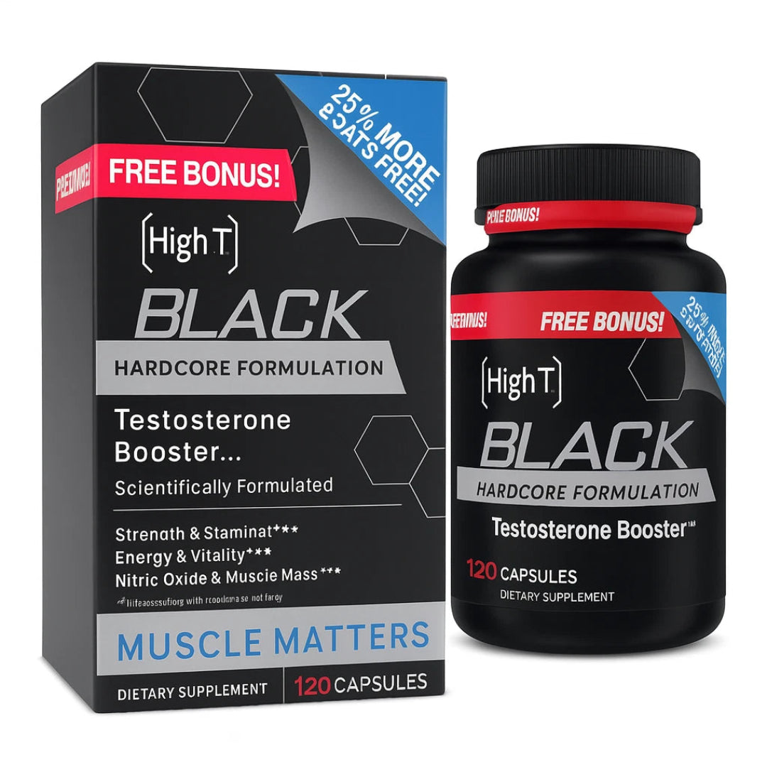 High T Black Testosterone Booster packaging and bottle on a white background