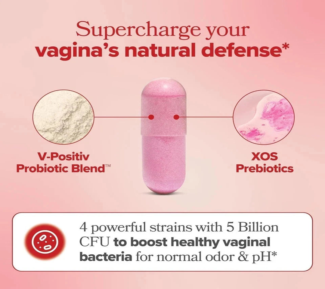 Pink probiotic supplement with text on a pink background
