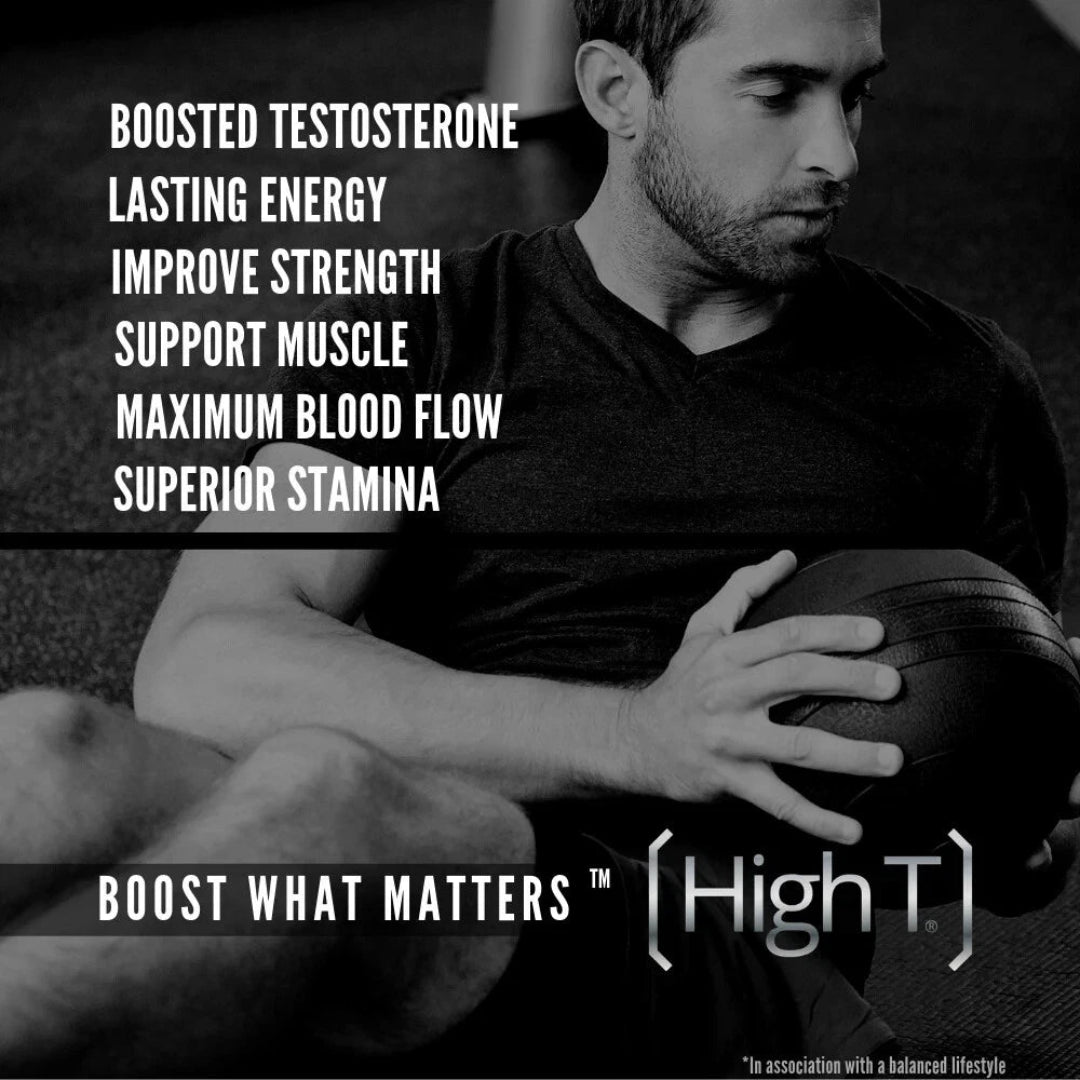 Man holding a medicine ball with promotional text about testosterone boosters on a black background