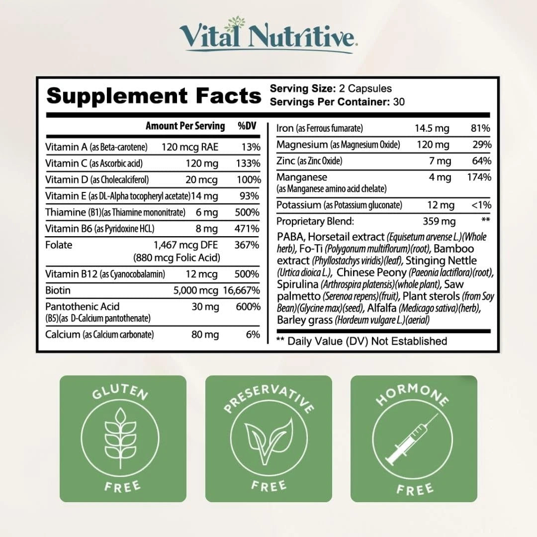 Vital Nutritive supplement facts label with various nutrients and claims.